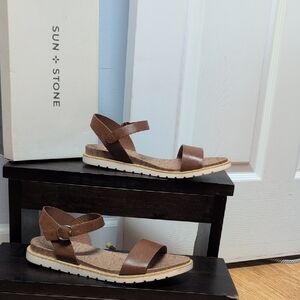 Sun + Stone Mattie Cognac Faux Leather Toe Band/AnkleStrap Buckle Sandals Sz 8M